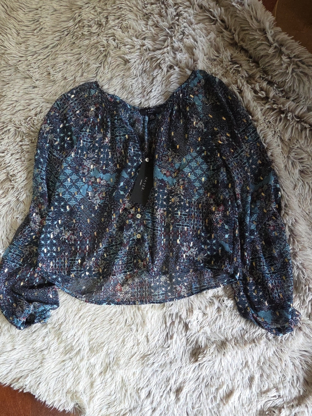 NWT Teal Boho Peasant Blouse w/Metallic Details S